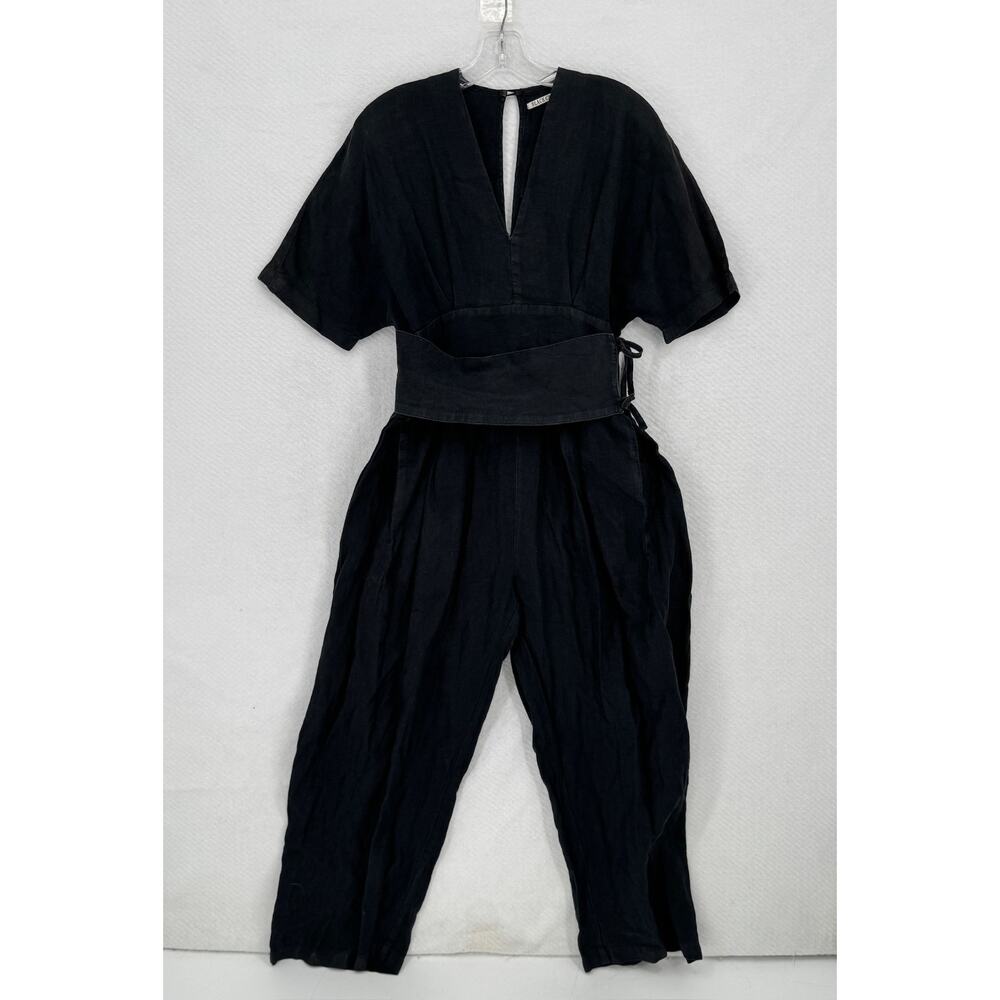 Black Crane Womens Black Linen V Neck Wrap Waist Short Sleeve Jumpsuit Sz S